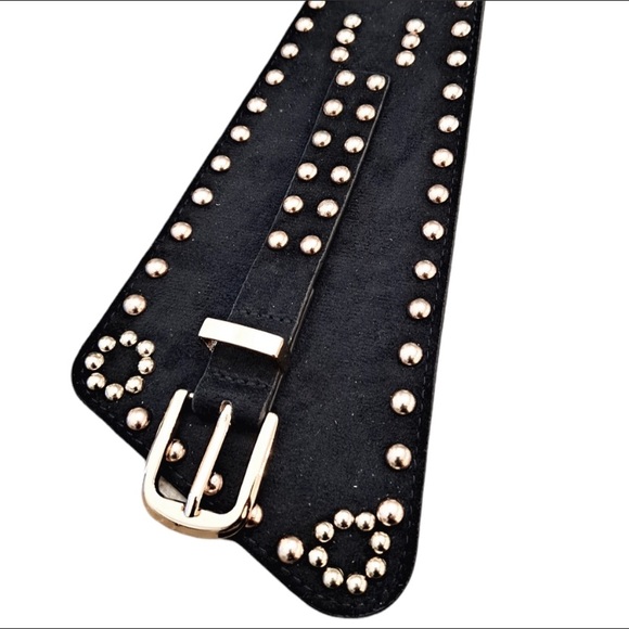 Black vegan faux suede corset gold studs punk wide boho waist belt - Picture 4 of 14